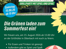 Plakat zum Sommerfest der Grünen Otterbach Otterberg am 15.08.2026 ab 15 Uhr an der Grillhütte Otterbach 