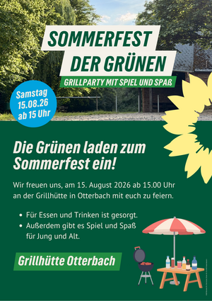 Plakat zum Sommerfest der Grünen Otterbach Otterberg am 15.08.2026 ab 15 Uhr an der Grillhütte Otterbach 
