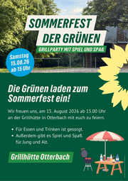 Plakat zum Sommerfest der Grünen Otterbach Otterberg am 15.08.2026 ab 15 Uhr an der Grillhütte Otterbach 